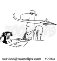 Cartoon Black and White Line Drawing of a Paper Plane Annoying a Business Man by Toonaday