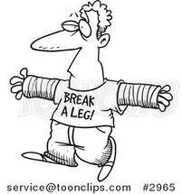 Cartoon Black and White Line Drawing of an Accident Prone Guy Wearing a Break a Leg Shirt by Toonaday