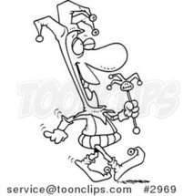 Cartoon Black and White Line Drawing of a Fool Walking by Toonaday