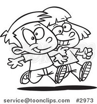 Cartoon Black and White Line Drawing of a Boy and Girl Walking Arm in Arm by Toonaday