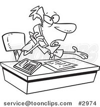 Cartoon Black and White Line Drawing of a Business Man Calling Customer Service by Toonaday