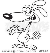 Cartoon Black and White Line Drawing of a Clapping Dog by Toonaday
