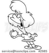 Cartoon Black and White Line Drawing of a School Girl Holding an Apple by Toonaday