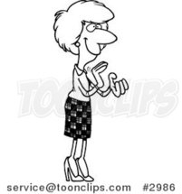 Cartoon Black and White Line Drawing of a Pleased Business Woman Clapping by Toonaday
