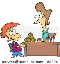 Cartoon School Boy Adding to the Pyramid of Apples on His Teacher's Desk by Toonaday