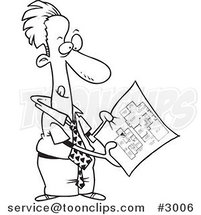 Cartoon Black and White Line Drawing of a Business Man Examining Blueprints by Toonaday