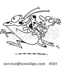 Cartoon Coloring Page Line Art of a Frog like Monster or Alien Abducting a Scared Guy by Toonaday