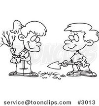 Cartoon Black and White Line Drawing of a Boy and Girl Planting an Arbor Day Tree by Toonaday
