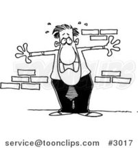 Cartoon Black and White Line Drawing of an Anxious Business Man up Against a Wall by Toonaday