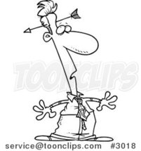 Cartoon Black and White Line Drawing of a Business Man Noticing an Arrow in His Head by Toonaday