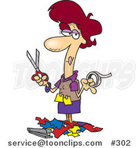 Cartoon Lady Holding Tape and Scissors and Standing in Paper Scraps by Toonaday