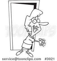 Cartoon Black and White Line Drawing of an Anxious Lady Scratching a Wall by Toonaday