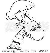 Cartoon Black and White Line Drawing of a School Boy Holding out a Large Apple by Toonaday