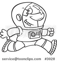 Cartoon Black and White Line Drawing of a Running Astronaut by Toonaday