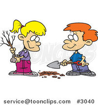 Cartoon Boy and Girl Planting an Arbor Day Tree by Toonaday