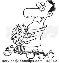 Cartoon Black and White Line Drawing of a Black Business Man Holding an Armful of Apples by Toonaday