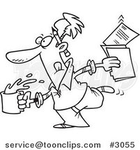 Cartoon Black and White Line Drawing of an Editor Running with Coffee and Documents by Toonaday