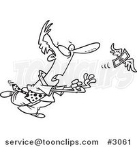 Cartoon Black and White Line Drawing of a Business Man Chasing an Elusive Flying Dollar by Toonaday