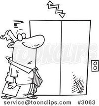 Cartoon Black and White Line Drawing of a Confused Business Man Waiting by an Elevator by Toonaday