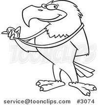 Cartoon Black and White Line Drawing of a Bald Eagle Holding a Medal by Toonaday