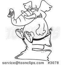 Cartoon Black and White Line Drawing of an Elephant Sitting on a Letter E by Toonaday