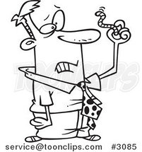 Cartoon Black and White Line Drawing of a Business Man Holding up a Worm by Toonaday