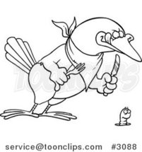 Cartoon Black and White Line Drawing of a Big Bird Ready to Dine on a Worm by Toonaday
