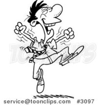 Cartoon Black and White Line Drawing of an Energetic Business Man Jumping by Toonaday