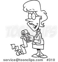 Coloring Page Line Art of a Female Cartoon Accountant Holding a Calculator with a Long Strip of Paper by Toonaday