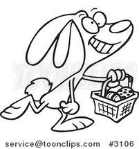 Cartoon Black and White Line Drawing of a Happy Easter Bunny Carrying a Basket by Toonaday