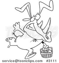 Cartoon Black and White Line Drawing of an Easter Rhino Wearing Bunny Ears and Carrying a Basket by Toonaday