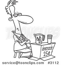 Cartoon Black and White Line Drawing of a Business Man Trying to Sell Lemonade by Toonaday