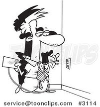 Cartoon Black and White Line Drawing of a Business Man Plugging a Letter into an Electrical Socket by Toonaday