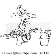 Cartoon Black and White Line Drawing of a Business Man Extinguishing a Fire by Toonaday