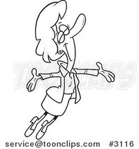 Cartoon Black and White Line Drawing of a Business Woman Jumping Happily by Toonaday