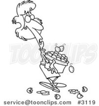 Cartoon Black and White Line Drawing of a Lady Carrying Eggs in a Basket by Toonaday