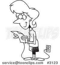 Cartoon Black and White Line Drawing of a Business Woman Reading Her Email by Toonaday