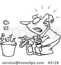 Cartoon Black and White Line Drawing of a Business Man Putting out a Fire by Toonaday