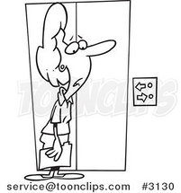 Cartoon Black and White Line Drawing of a Confused Business Woman Waiting for an Elevator by Toonaday