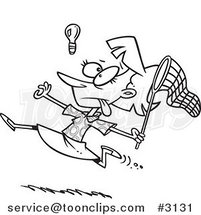 Cartoon Black and White Line Drawing of a Business Woman Chasing an Elusive Idea with a Net by Toonaday