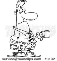 Cartoon Black and White Line Drawing of a Business Man in Boxers, Holding a Cup of Coffee by Toonaday