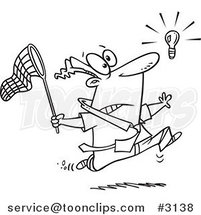 Cartoon Black and White Line Drawing of a Business Man Chasing an Elusive Idea with a Net by Toonaday