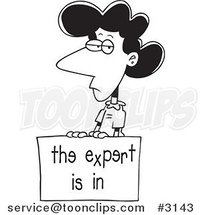Cartoon Black and White Line Drawing of a Business Woman with a Dyslexic Expert Sign by Toonaday