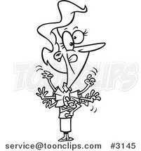 Cartoon Black and White Line Drawing of a Business Woman Explaining and Gesturing with Her Hands by Toonaday