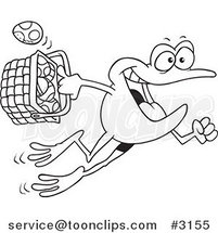 Cartoon Black and White Line Drawing of a Frog Hopping with a Basket of Easter Eggs by Toonaday