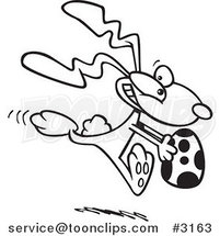 Cartoon Black and White Line Drawing of a Bunny Running with an Easter Egg by Toonaday