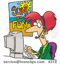 Cartoon White Female Travel Agent Booking a Vacation for a Customer by Toonaday