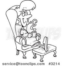 Cartoon Black and White Line Drawing of a Pregnant Lady Relaxing in a Chair with a Warm Beverage by Toonaday