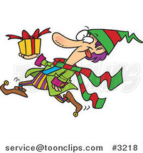 Cartoon Christmas Elf Running with a Gift by Toonaday