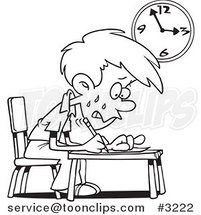 Cartoon Black and White Line Drawing of a Stressed School Boy Taking an Exam by Toonaday